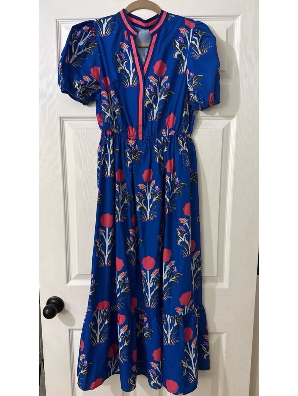 Cobalt blue floral puff sleeve maxi dress size medium